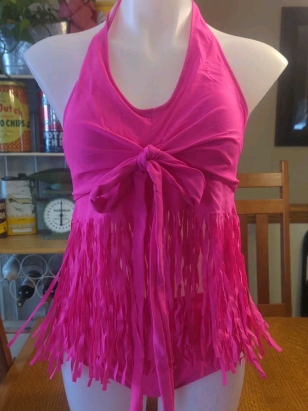 Beachsissi- Large Women's Two Piece- Halter Neck Tankini Fringe Swimsuit- Pink